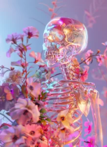 imagen de esqueleto humano con flores generada por IA Midjourney
