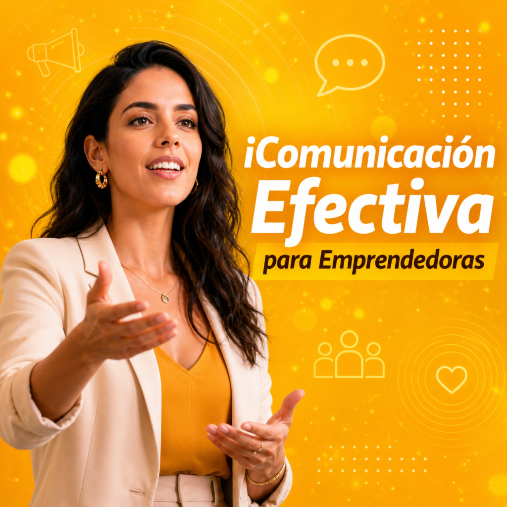 Mujer emprendedora latina comunicando. con un texto que lee "Comunifación efectiva para emprendedoras"